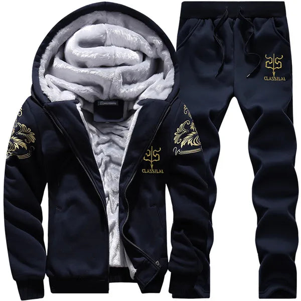 New Fleece Men Set Fashion Brand Tracksuit Lined Thick Sweatshirt + Pants Sportswear Suit Male Winter Warm Hooded Outerwear Suit