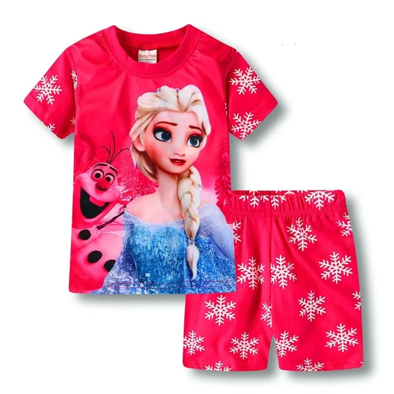 New Summer Casual Frozen Snow Queen Children's Short Sleeve Pajamas Cartoon Suit Girls Cotton Kids Pajamas Dress Costumes