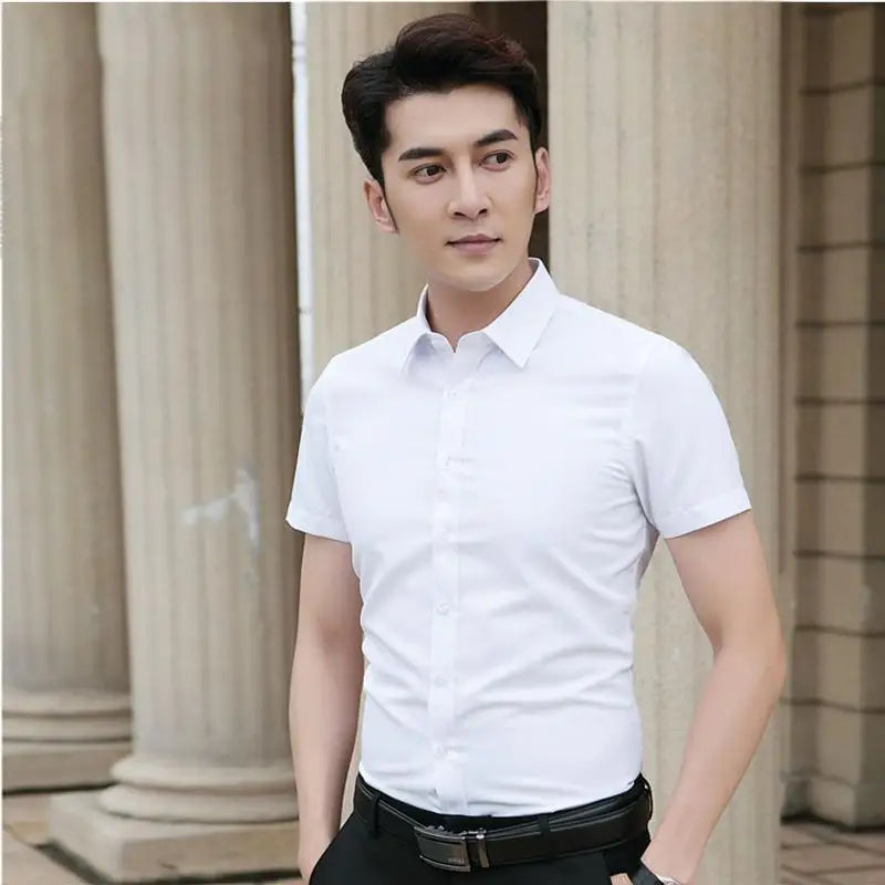 Professional Mens Short Sleeve Shirt White Business Casual Slim Fit Japanese Retro Style Polyester Fiber Printed Shirt for Youth
