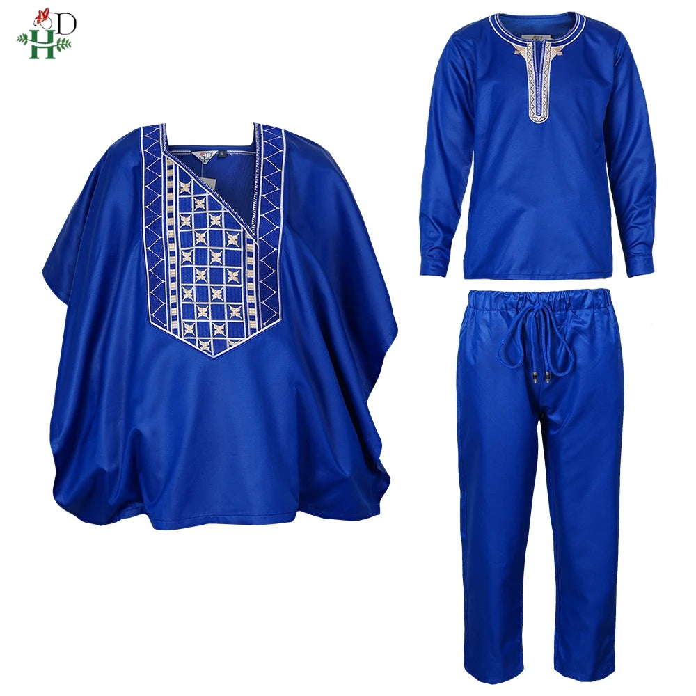 H&D 2025 African Tradition Clothes For Kids Boys White Blue Long Sleeve Tops Embroidery Dashiki Robe Shirt Pant Child Set 3 PCS