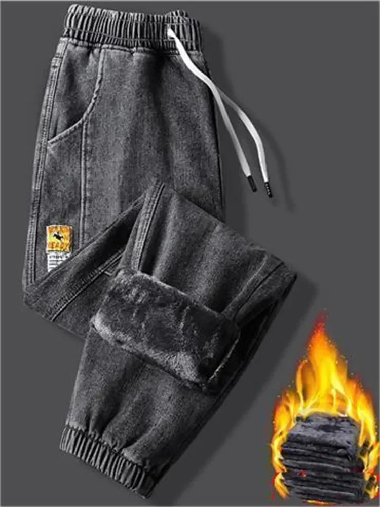 2023New Men's jeans Winter Fleece Jeans Thick Warm Denim Pants Men Streetwear Black Joggers Harem Jean Thermal Trousers
