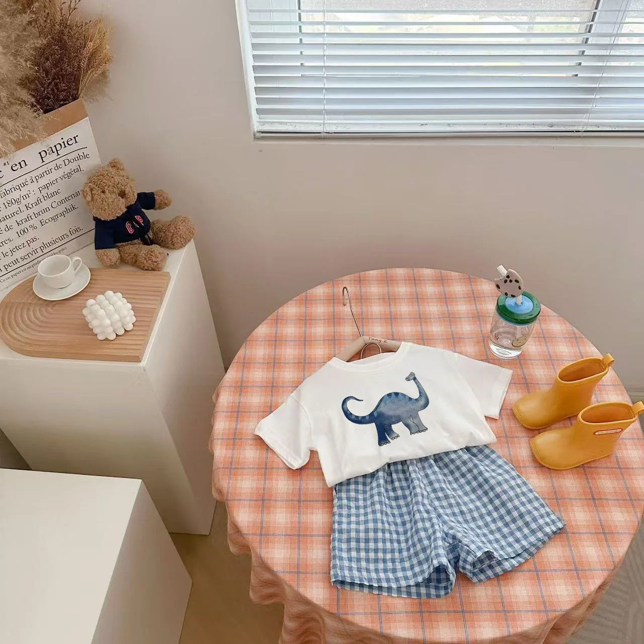 2Pcs Baby Clothes Set Newborn Boys Casual Dinosaur Print Short Sleeved T-shirt+plaid Shorts Toddler Girl Summer Kids Outfit Set