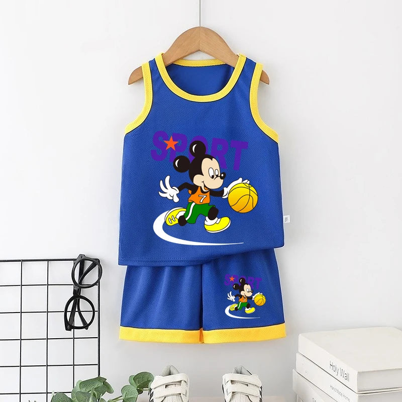 Disney Summer Thin Tracksuits New 2pcs Toddler Boys Fashion Casual Loose Vest Tops+Shorts Kid Cartoon Printed Simple Outfits