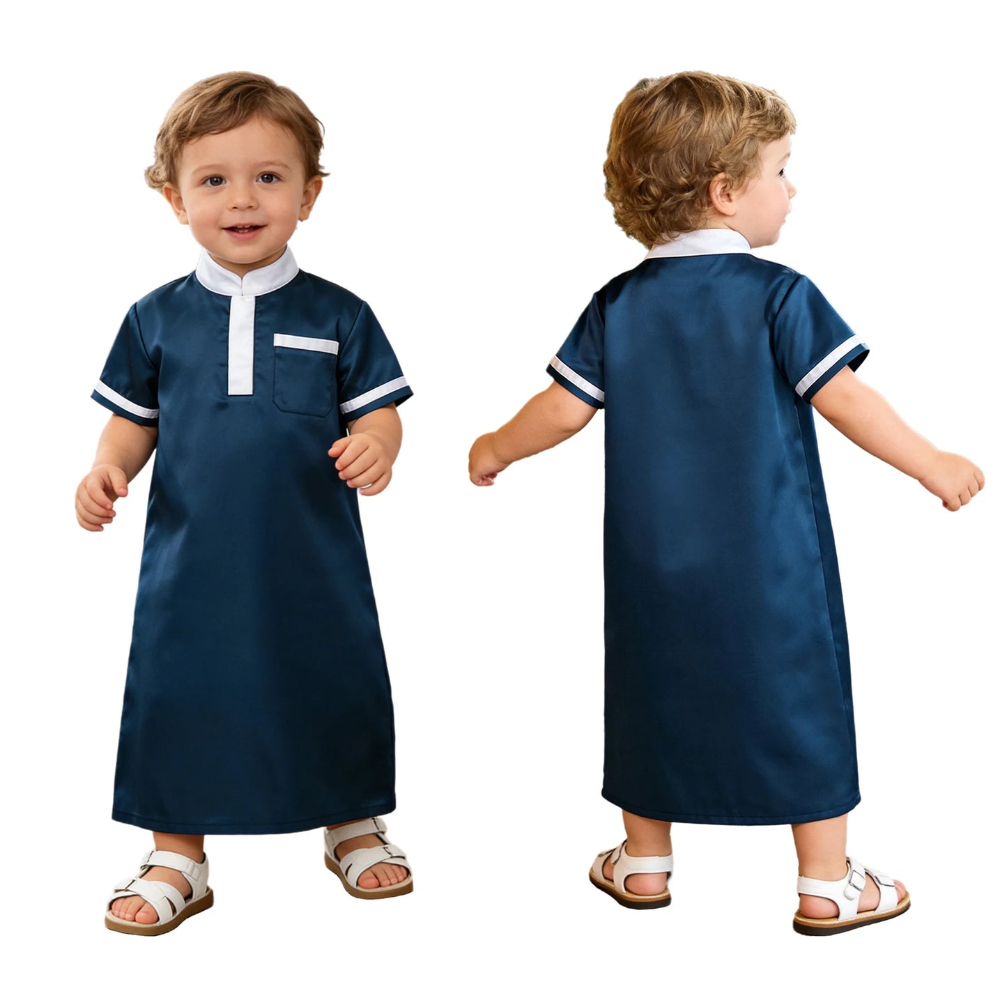 Muslim Baby Boys Robe Ramadan Eid Abaya Stand Collar Short Sleeve Satin Dress Gown with Pocket Arabic Islamic Dubai Kaftan Thobe