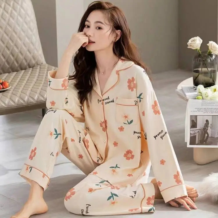 Antibacterial Pure Cotton Sleepwear Long Sleeve Loose Home Clothes Set for Women plus Size Spring Summer Autumn Winter