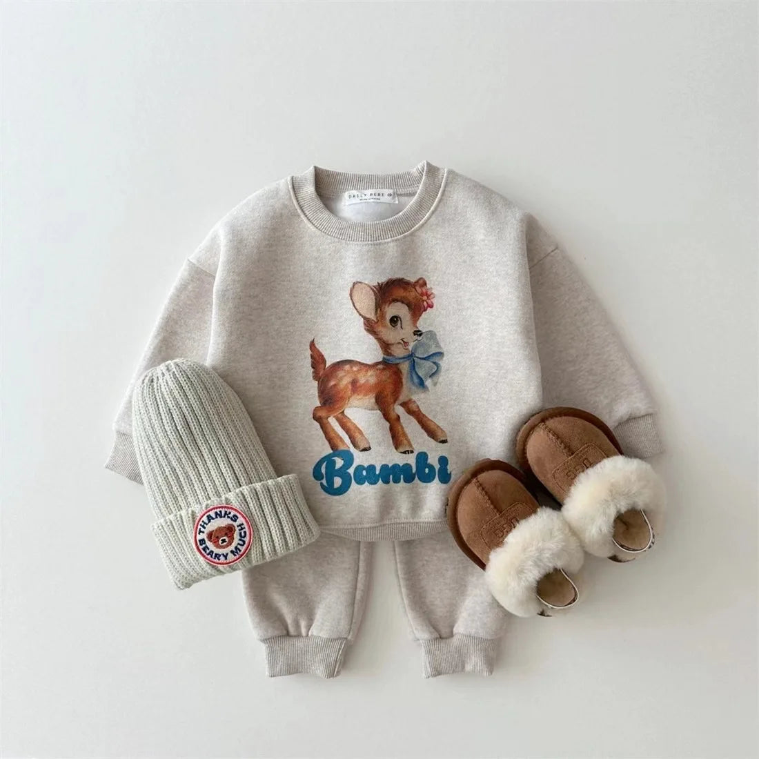 Korean version of autumn and winter boys and girls cotton cute cartoon rabbit deer plush sweatshirt casual sports set
