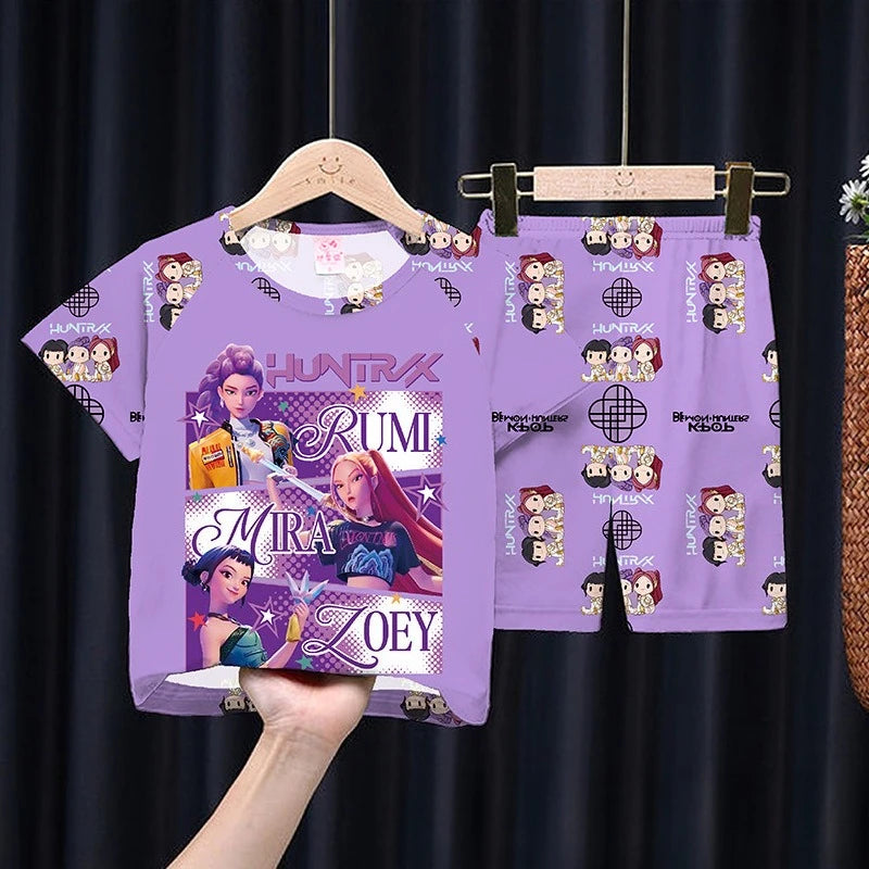 Girls Children's Pajamas Set Summer Short Sleeve Cartoon Kpop Demon Hunters Girls Middle Kids Homewear Christmas Clothes Set