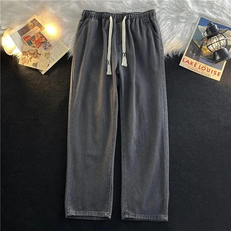 Trendy Loose Straight Leg Jeans Elastic Waist Slim Fit Wide Leg Pants Solid Color Summer New Arrival Versatile Casual Trousers