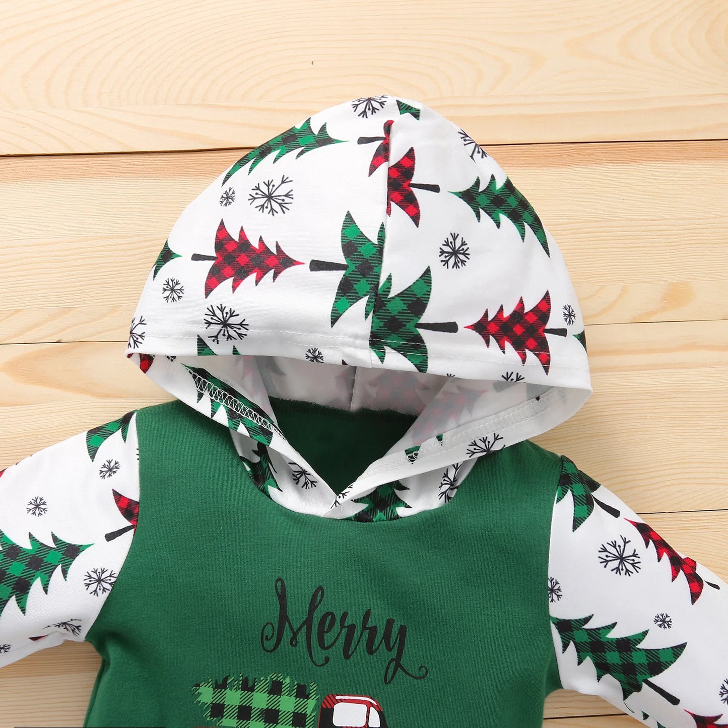 Unisex Baby Christmas Printed Romper Long Sleeve Hooded Jumpsuit with Front Pocket