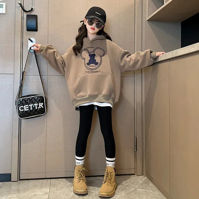 2026 girls clothes spring winter sweatshirt bear t-shirt hooded + stretch pants leggings teens children set 8 9 10 11 12 year