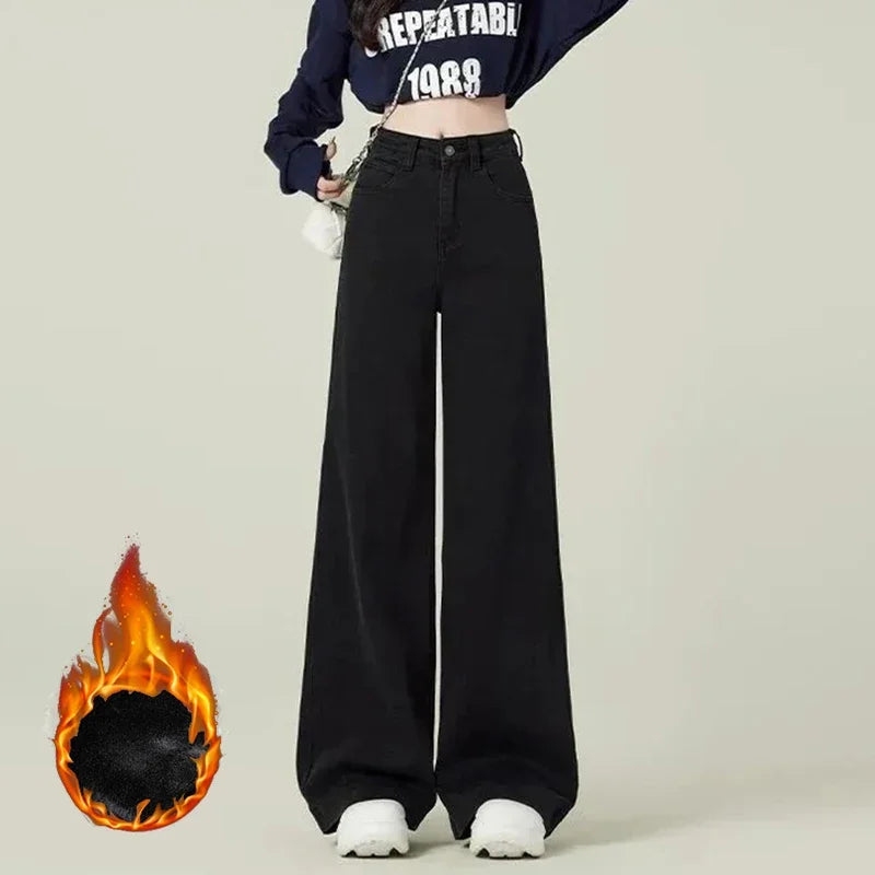 Winter Lady Classic High Waist Plush Jeans Female Snow Warm Solid Denim Trousers Women Korean Fleece Thermal Pants