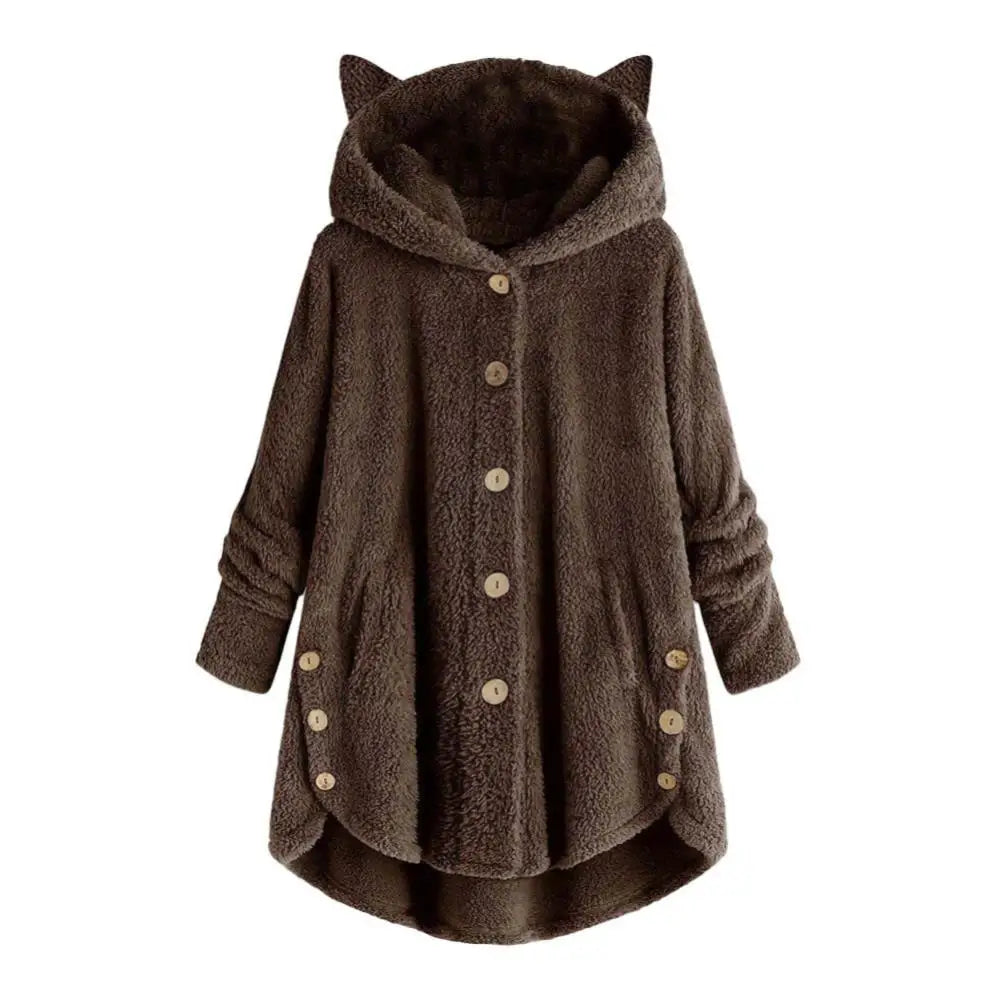 Cat's Ears Women Hoodie Plus Warm Hooded Sweatshirt Cute Winter Cute Ears Hooded Irregular Hem Buttons Jacket Fleece Coat