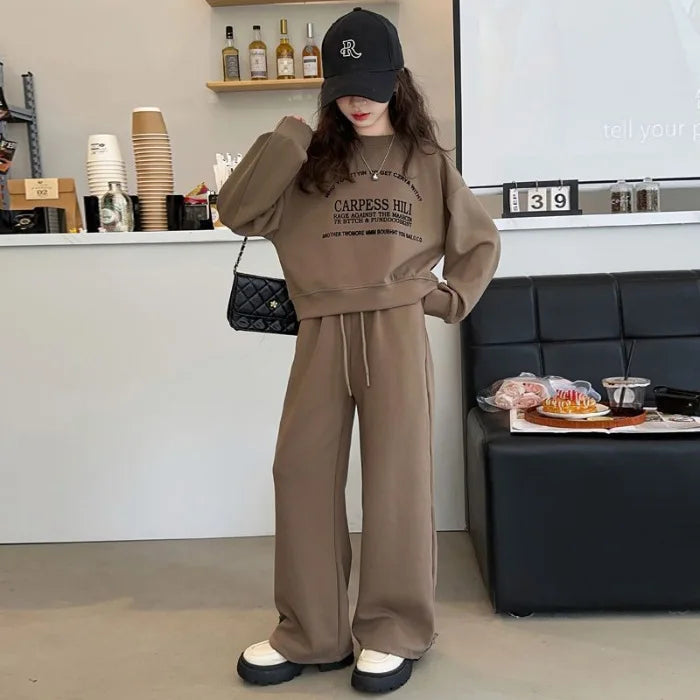 2025 autumn winter kids Girls Clothes Suit Child letters sweatshirt crop top + wide leg pant Tracksuit 4 5 6 7 8 9 10 11 12 year