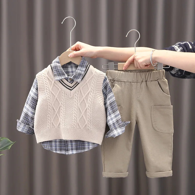 New Spring Autumn Baby Boys Clothes Suit Children Casual Plaid Shirt Vest Pants 3Pcs/Sets Toddler Cotton Costume Kids Tracksuits