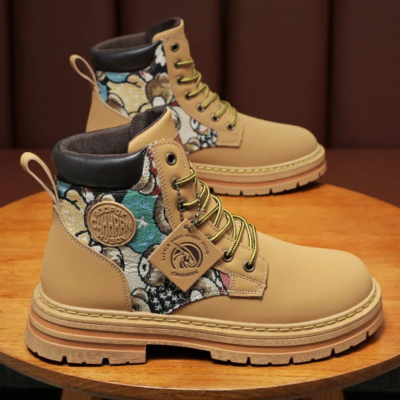 New Men's Boots Designer Luxury Men Working Boots High Tops Platform Leather Shoes for Men British style Motorcycle Botas Hombre