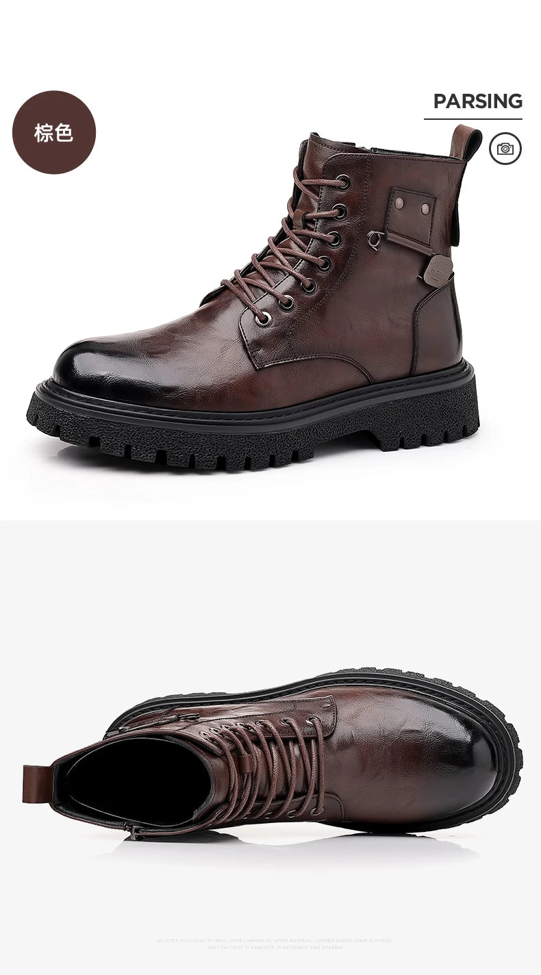 Men's High-Top Boots: British Style Thickened Sole Genuine Leather Indestructible Work Boots, Couple Big Yellow Boots for Men an