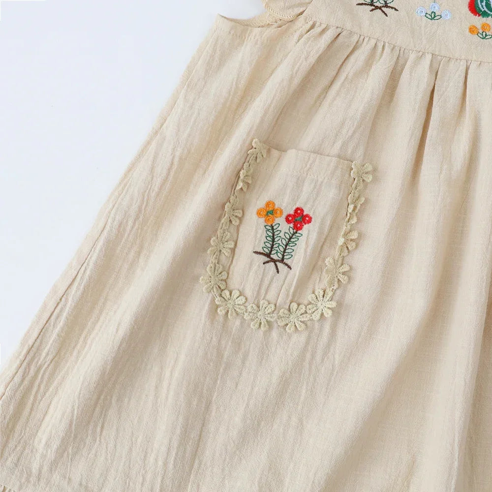 Kids Dresses for Girls Summer Khaki Embroidered Ruffle Edge Dress Sleeveless Lace Round Neck Pocket Dress Kids Clothes