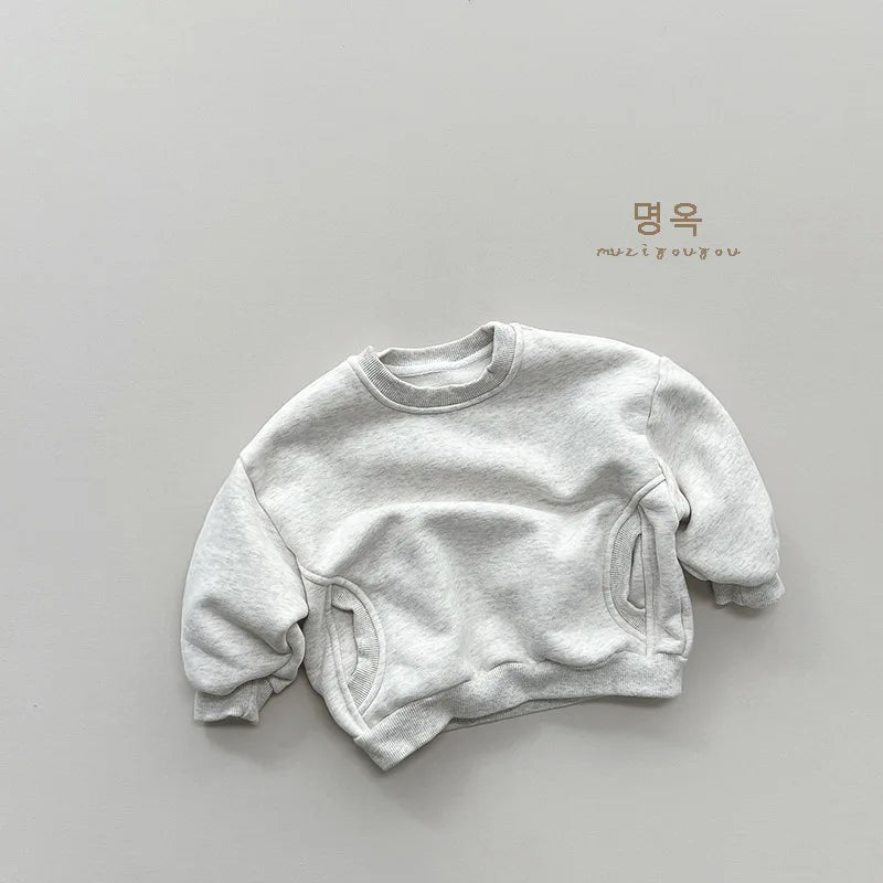 2025 Winter New Baby Long Sleeve Fleece Sweatshirt Infant Boy Girl Solid Warm Pullover Plus Velvet Thick Toddler Casual Clothes