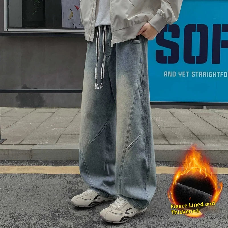 Men's Fleece-Lined Thick Wide-Leg Jeans with Vintage Washed Design, Elastic Drawstring Waist, Winter Warmth That Doesn'T Freeze the Legs, Available in Black/Blue, Loose Fit That Makes You Look Slimmer and Taller, Suitable for