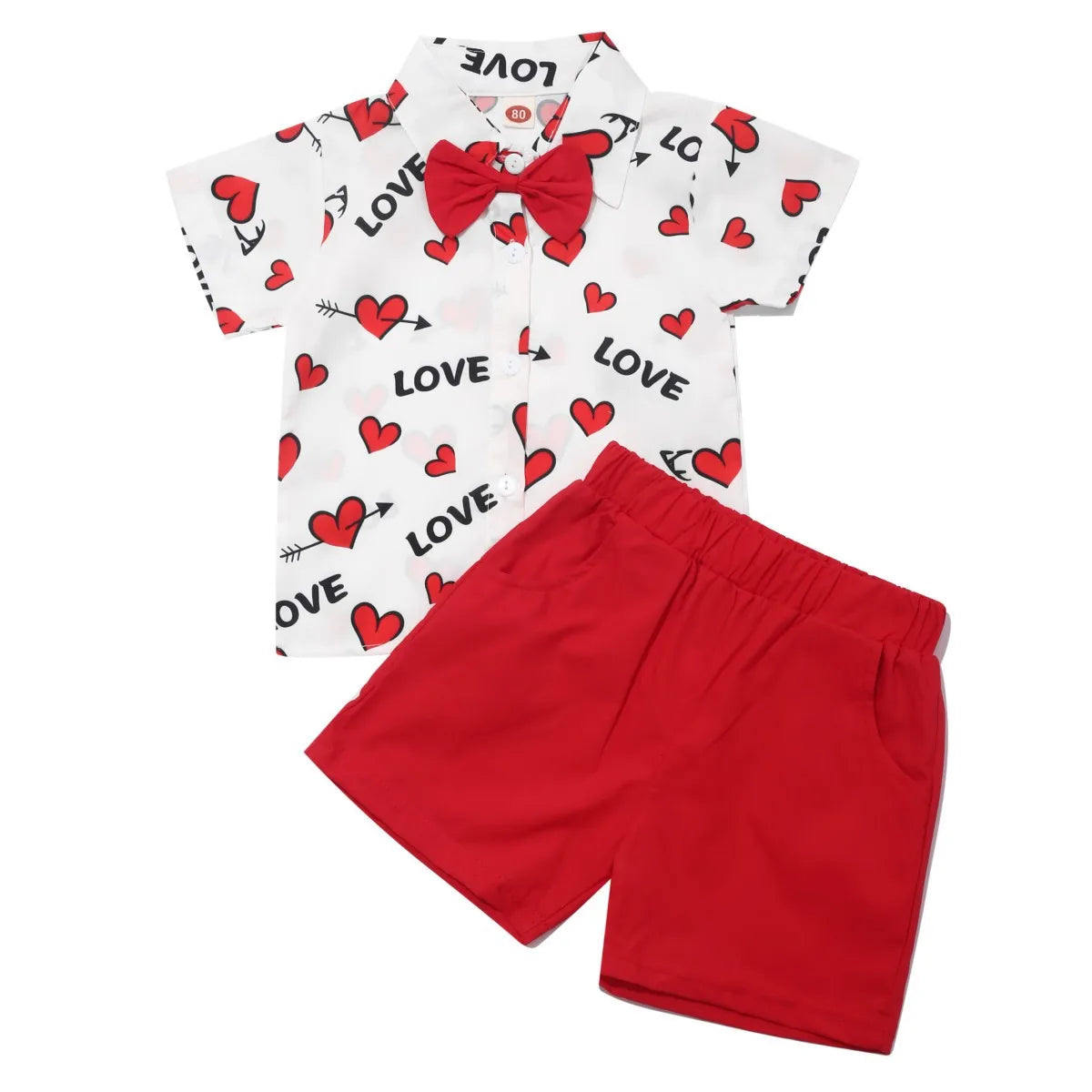 Baby Boys Valentines Day Outfits For Kids Short Sleeve Necktie Heart Print Shirts and Red Shorts Toddler Valentines Day Costumes