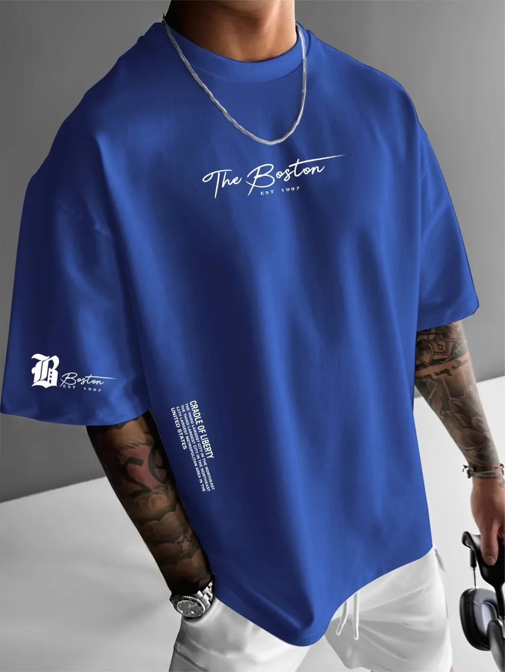 New men's polyester fabric casual comfortable breathable round neck T-shirt with letter pattern suitable for outdoor sports