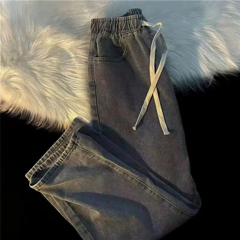 Spring Summer Loose Straight Leg Jeans Women's Versatile Elastic Waist Wide Leg Pants Long Trousers Casual Style High Waist