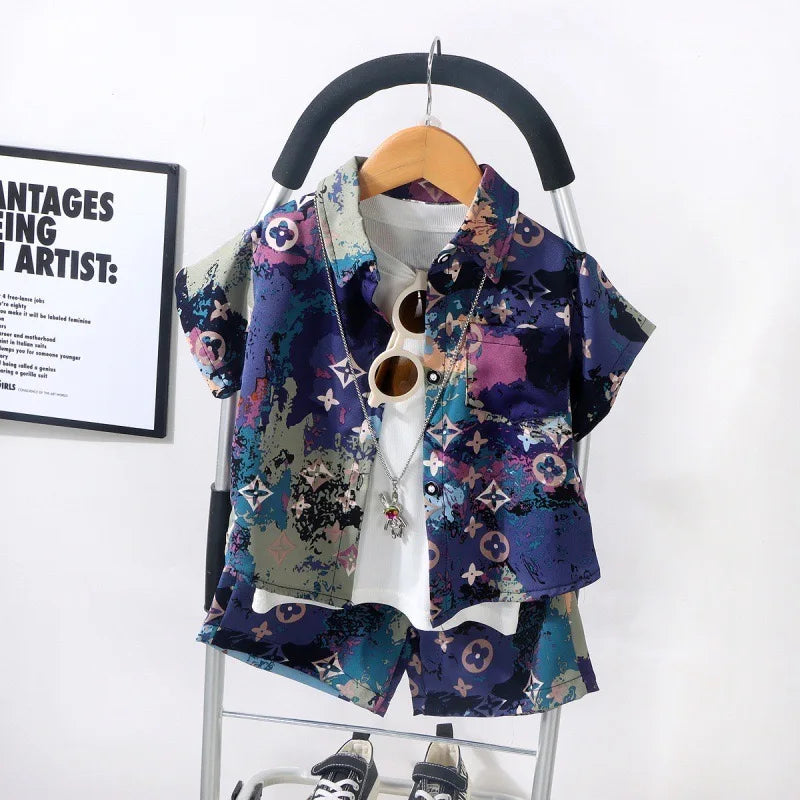 Kids Clothes Children's Set Suit Ice Silk Shirt Short-sleeved Polo Top+shorts 2-piece Set Street Style Outer Wear Casual Simple