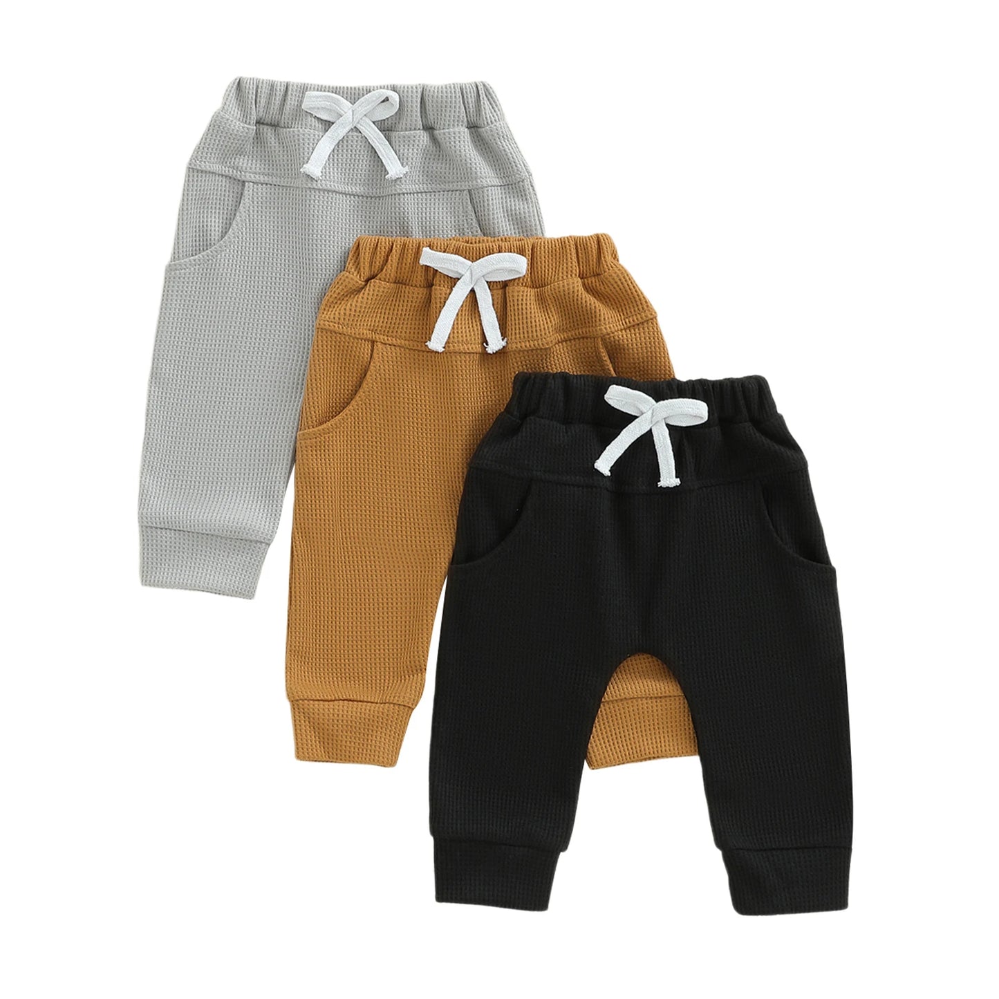 3 Pack Waffle Texture Casual Pants Soft Solid Color Elastic Waistband Toddler Boys Trousers