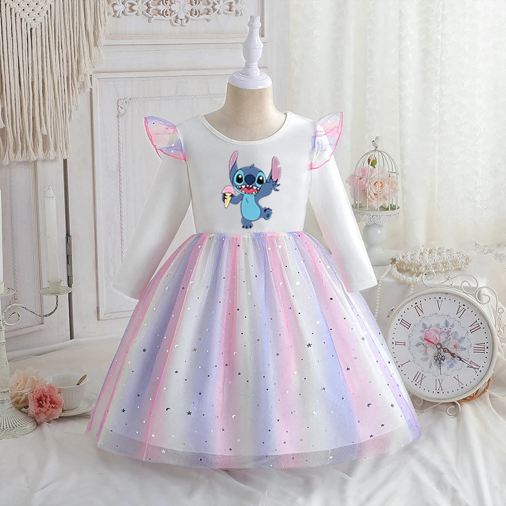 Stitch Princess Dress Autumn New Disney Baby Girls Dress Spring Autumn Long-sleeved For Children Kids Clothes Birthday Party