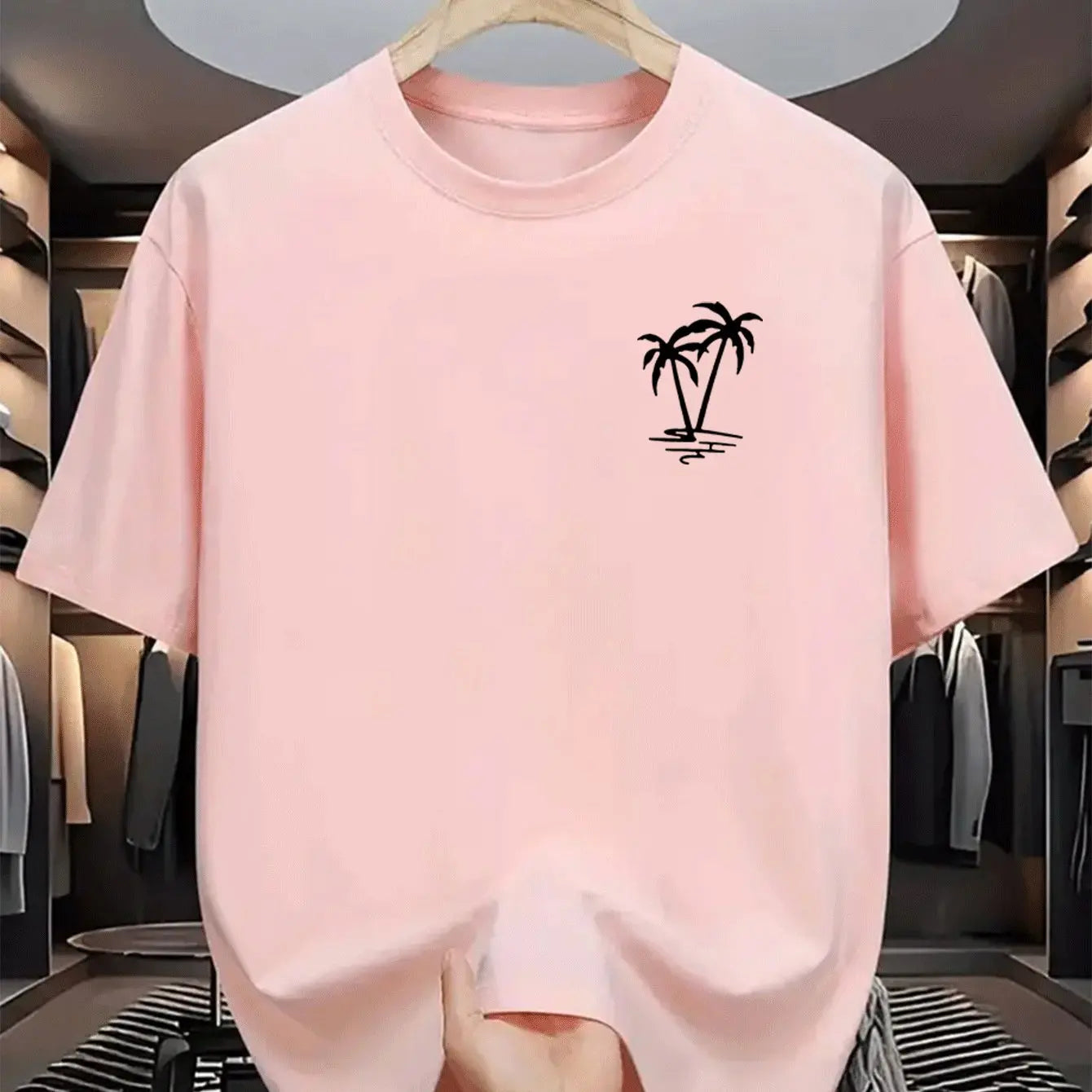 Men's summer cotton fashionable casual loose coconut tree pattern printed sports round neck short sleeved T-shirt top