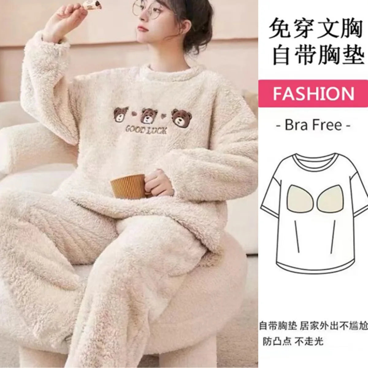 Thickened Long Sleeve Home Clothes Set with Chest Pad Winter Coral Fleece Korean Style Student Cute Large Size Home Clothes Set
