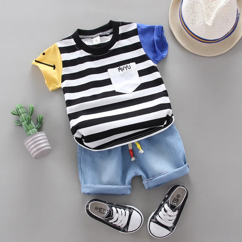 Korean Version Baby Short-Sleeved Clothing Suits Summer Cotton Children's T-Shirt + Denim Shorts Sets Handsome