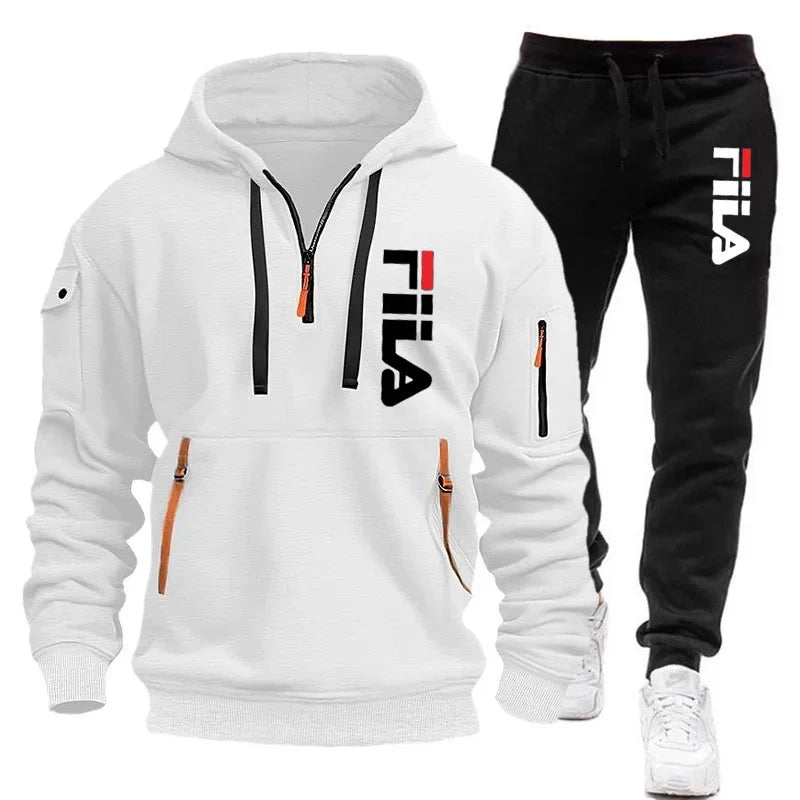 Autumn and Winter 2025 new men's hooded sweatshirt + pants two-piece set, outdoor multi-pocket men's pullover sportswear set