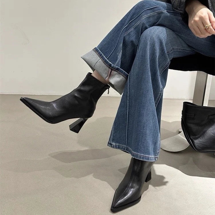 2025 Women Fashion Chelsea Ankle Boots Basic High Heels Boots Pointed Toe Shoes Women Band Non-slip Comfortable Boots 9989