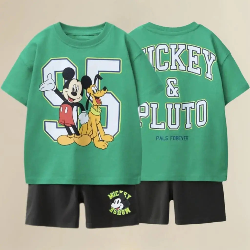 Baby Cotton Knit Tees Set Kids Disney Costume Mickey Mouse Short Sleeve Set Childrens Casual Summer Garment Baby Boys Girls Suit