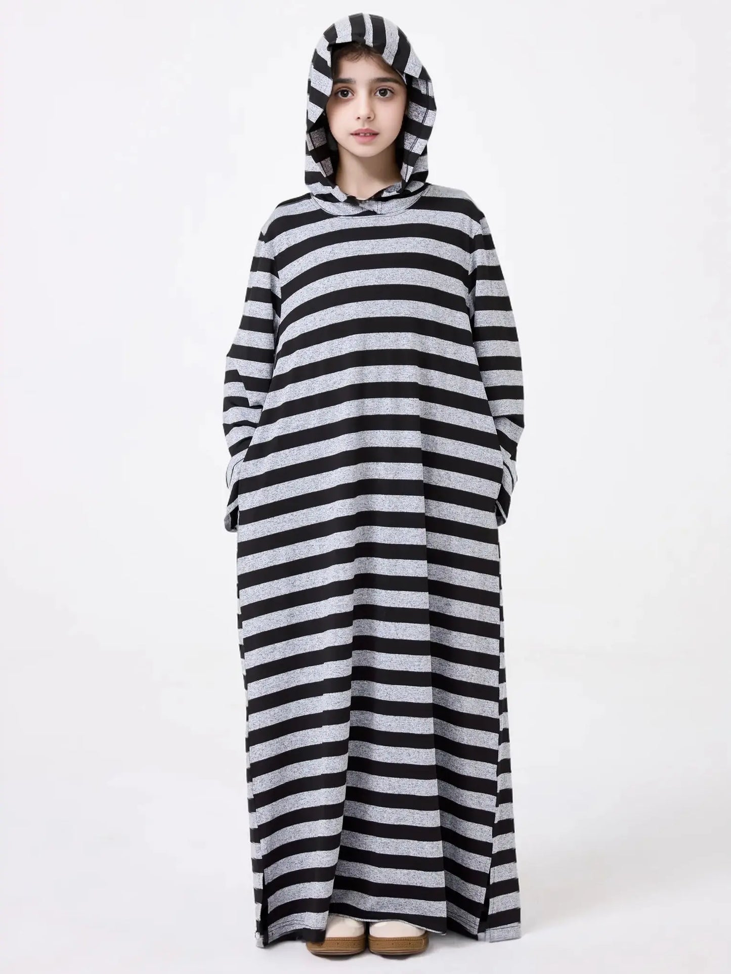Middle Eastern Muslim Kids Abaya Girl Dress With Striped V-neck Hood
