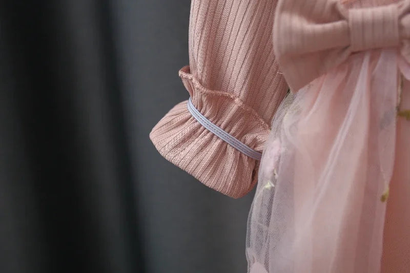 Winter New Girls' Dress Long Sleeve Puffed Sleeve Crew Neck Top Knitted Shirt Gauze Dress Flower Sweet Princess Dress