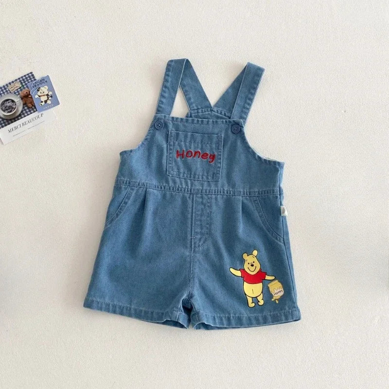 Baby Cartoon 2pcs Set for Summer Winnie Bear Short Sleeve T-shirt Loose Denim Straps Shorts Girl and Boy Clothes Set