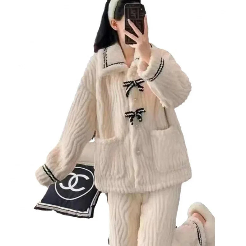 2025 Coral Fleece Women's Sleepwear Thickened Flocking Home Clothes Warmth High Sensation Long Sleeve Pants Set Home Leisure