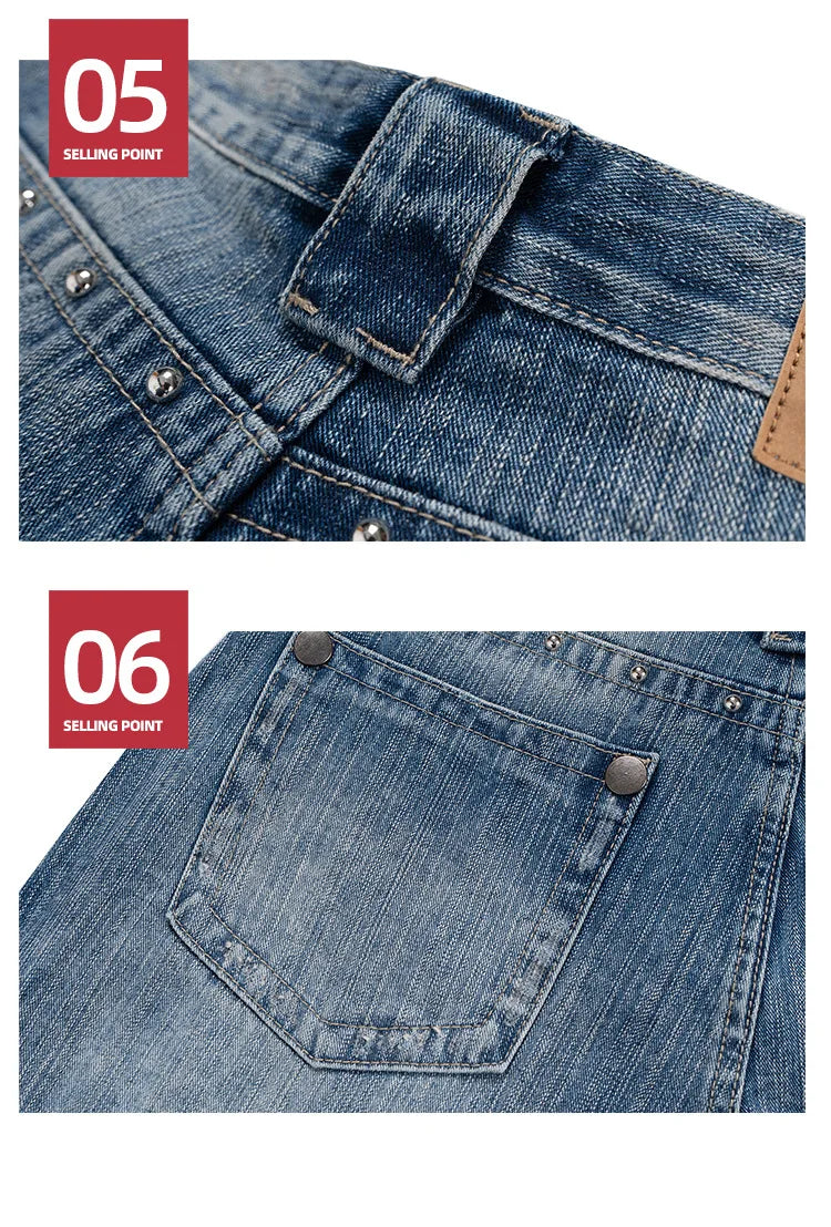 MIJKO Men Women Jeans Washed Fashion Rivet Casual Denim Pants