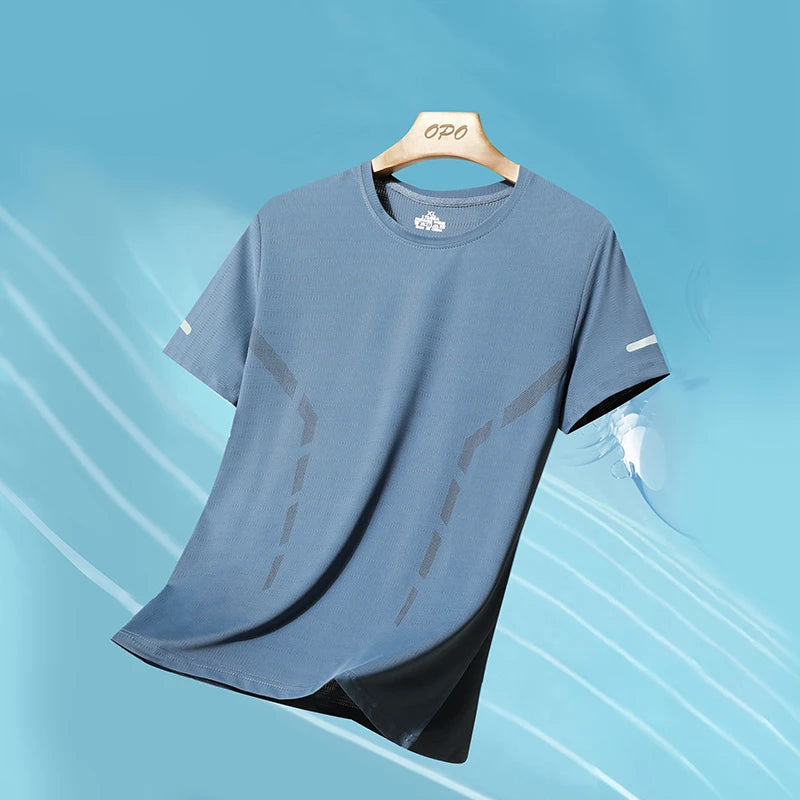 Men Running T-shirt Breathable Stretch Summer Top Gym Fitness Running Thin Short Sleeve Sportswear M-5XL Gray Blue Black White