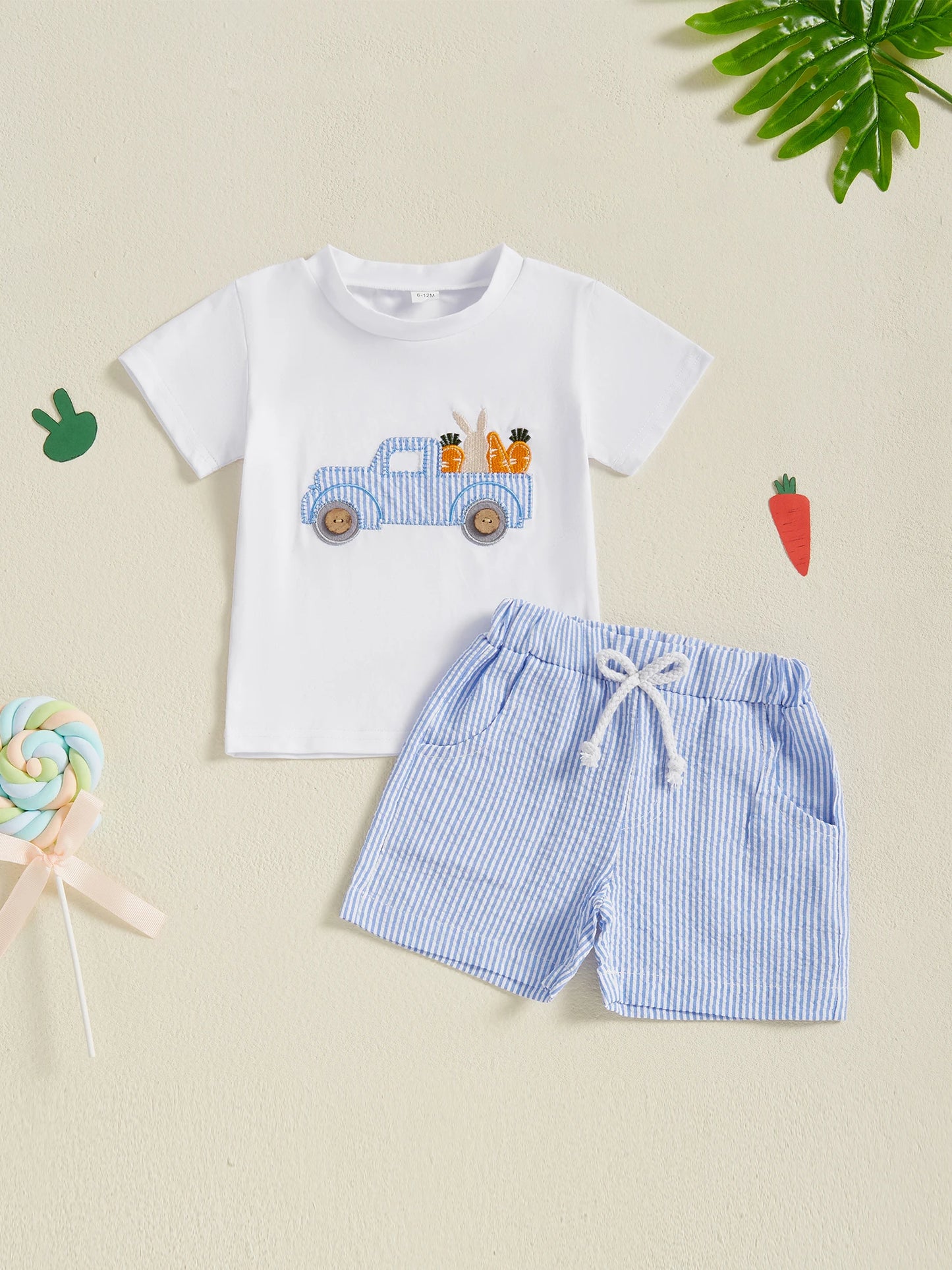 2Pcs Baby Boy Easter Outfits Short Sleeve Truck Embroidery T-Shirt Shorts Set Toddler Clothes