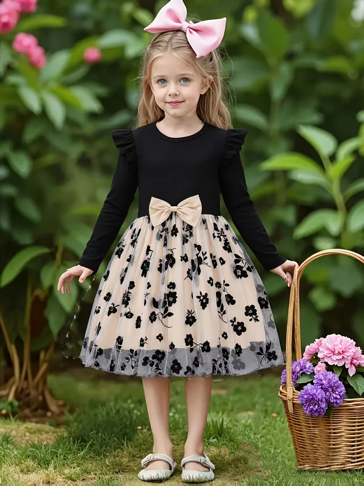 Spring Autumn Infant Toddler Girls round Neck Fly Sleeve Splice Flower Print Tulle Casual Dress for Baby Girls