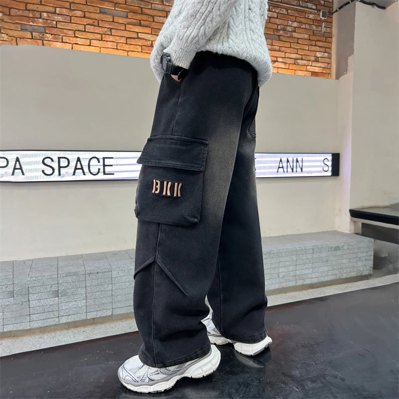 personalized workwear jeans Spring and Autumn 2025 Spring and Autumn New Straight Pants Boys Wide Legs Handsome Trendy 5-15 yea