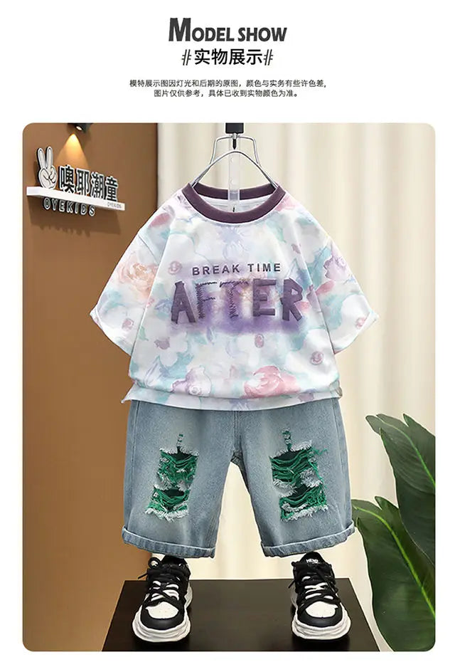 Korean Baby Boys Summer Sets Children's Clothing Short-Sleeved Letter T-Shirt & Denim Shorts Kids Boys Outfits Clothes 2-11Y
