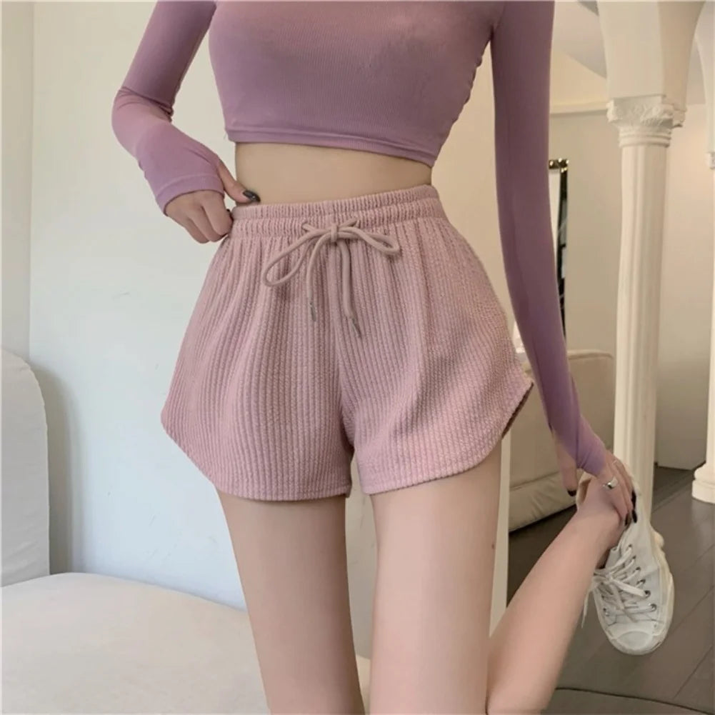 Women's High Waist Shorts Solid Color Fashionable Casual Loose Pocket Lace Up Shorts Girls Soft Cool Female Shorts