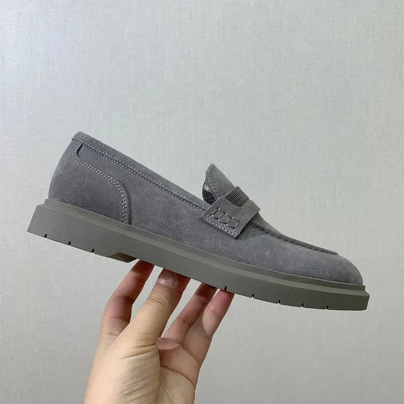 Classics Flat Shoes Women Luxury Cow Suede Chain String Bead Round Toe Slip-on Walk Shoes Female Casual Comfort Loafers Woman