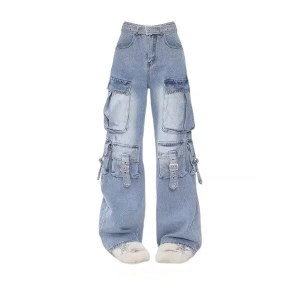 Women Y2k American Retro Mutil Pockets Cargo Jeans Vintage Gyaru Female Denim Trousers 2000s Aesthetic Grunge Pants Pantalones