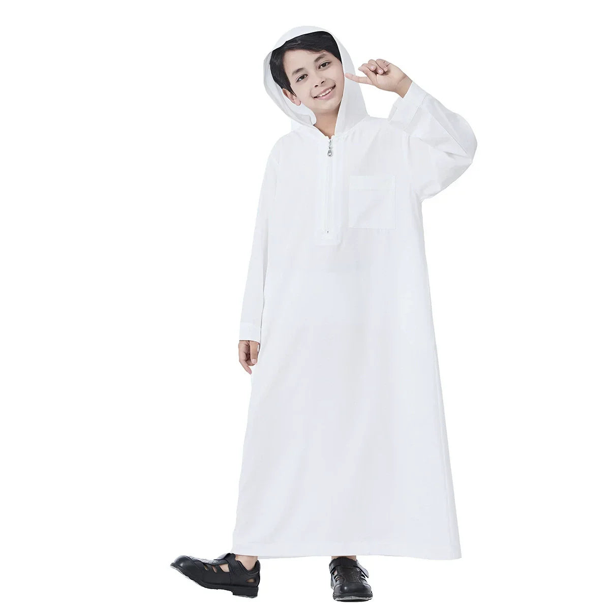 Boys Kids Islamic Muslim Hooded Juba Kaftan Robe Arabian Dubai Qatar Boy Long Sleeve Shirt Abaya Robe Dress Solid Color