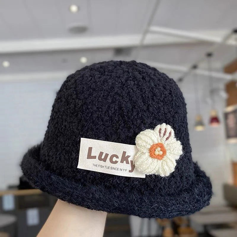 Winter Warm Baby Knitted Bucket Hat Sweet Crochet Flower Girls Curled Fisherman Hats 2-8Year Children Thicken Woolen Basin Cap